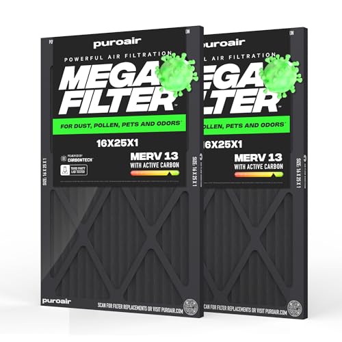 PuroAir MegaFilter - 16x25x1 Air Filter MERV 13 Activated CarbonTech Defense - Heavy Duty 3 Layer Furnace Filters Allergens, Pollen, Dust, Pet Dander, Smoke, Odors - HVAC Air Filter 16x25x1 (2-Pack)