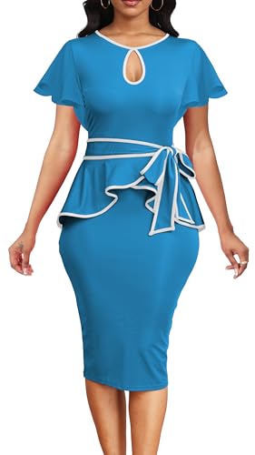 Image of Women's Vintage Bodycon Church Ruffle Sleeve Ruched Dresses Work Midi Pencil Dress