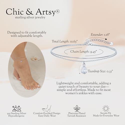 Image of CHIC & ARTSY 925 Sterling Silver Ankle Bracelets for Women, Adjustable Double Layer Chain Anklets, Minimalist Lightweight Foot Jewelry for Beach & Everyday Wear