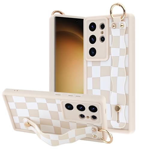 Coque Samsung S23 Ultra en TPU à carreaux blancs avec dragonne pratique OOK