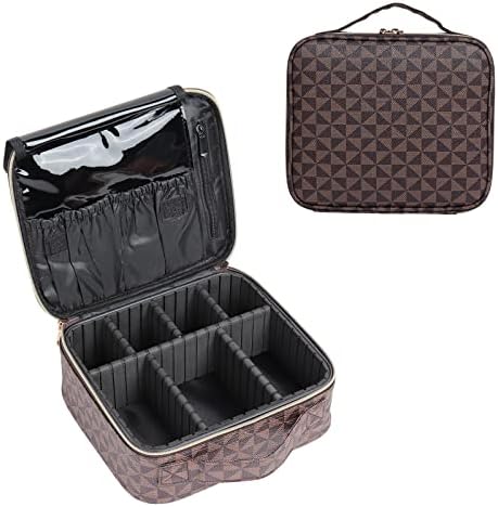 XUBOSER Travel Makeup Bag with Adjustable Dividers, Cosmetic Train Storage Case Organizer for Professional Cosmetic Brushes Tools (Brown Triangle)