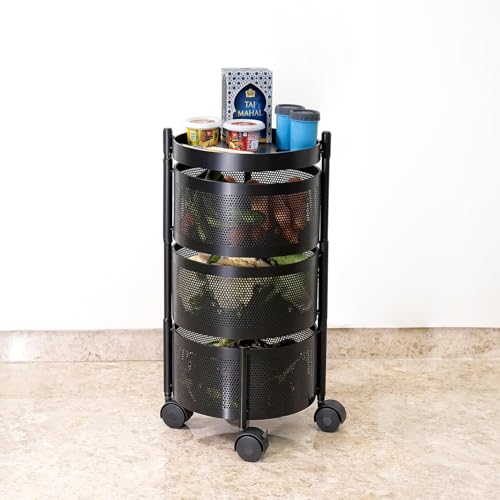 Image of MARKWELL Round Rotatable Kitchen Trolley with Wheels | Vegetable Fruit Onion Storage Rack | Multipurpose Metal Kitchen Organizer Stand | Matt Black (Round - 3 Layer)