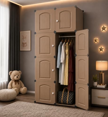 Image of 8 Door Kids Cartoon Wardrobe Storage Cabinet - DIY Modular Clothes Organizer with Hanging Cartoon Design Wardrobe with Multi for Bedroom, Living Room,Entryway