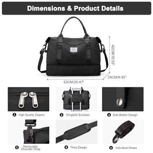 Travel Duffel Bag for Women,Weekender Overnight Bag with Shoes Compartment & Wet Pocket,Black,Extra Large