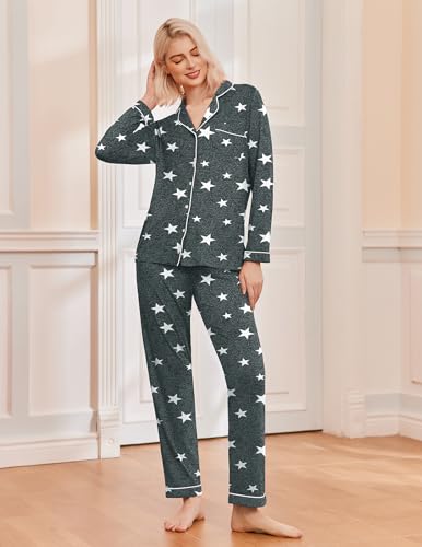 Image of Ekouaer Pajamas Women's Long Sleeve Sleepwear Soft Button Down Loungewear Pjs Lounge Set Nightwear XS-XXL