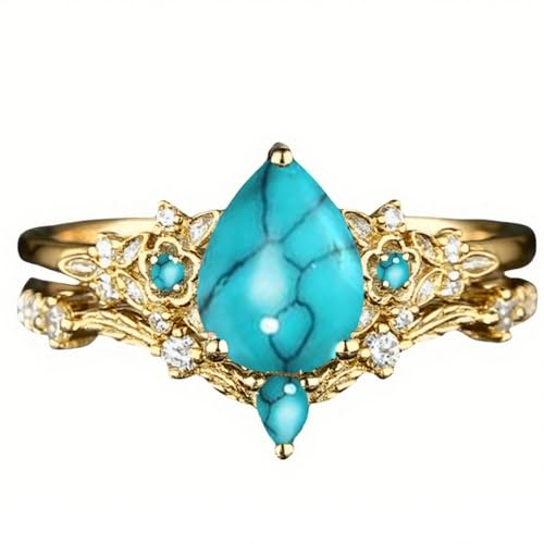 10K 14K 18K Solid Gold Gemstone Engagement Ring Set for Women Flower Design Ring Set Pear Cut Gemstone Bridal Wedding Ring Set Size 4-16