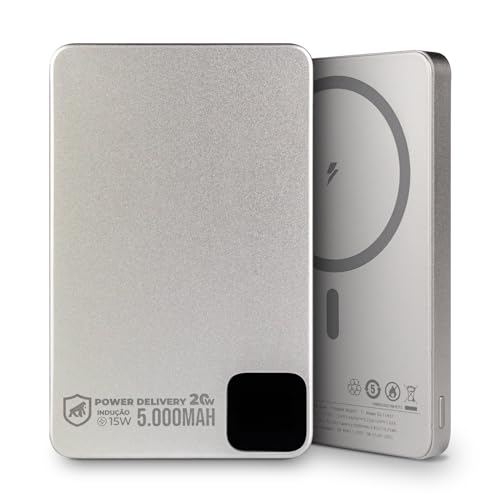 Gshield Power Bank Slim Carregador Portátil Universal com Saída USB-C PD 20W + Carregamento Wireless Sem Fio Compatível com MagSafe até 15W, Titanium (5000mAh | 0,8CM Espessura)