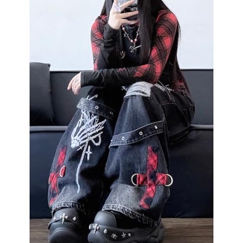 Y2K Retro Distressed Black Distressed Washed Denim Pants for Women high Waisted Loose Wide Leg Pants4