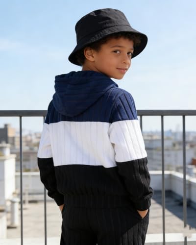 Image of 5-11Y Boys Clothes Long Sleeve Hooded Pullover Colorblock Sweatshirt + Pants 2pcs Fall Winter Outfit Set