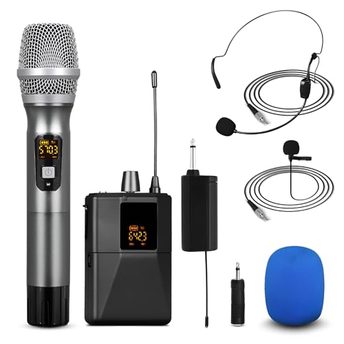 Pyle UHF Wireless Microphone System Kit - Portable Professional Cordless Microphone Set Wireless Mic - Headset, Lavalier, Beltpack Transmitter, Receiver - Karaoke, Conference PDWMU114, Black