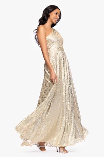 Image of Betsy & Adam Women's Floor-Length, One-Shoulder, Wrap, Foil, Floral Gown, Champagne /Gold, 8