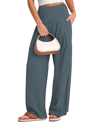 Buauty Women Palazzo Pants Wide Leg Casual Pant Summer High Waist Lounge Pants 2024 Loose Baggy Beach Travel Clothes Lakeblue