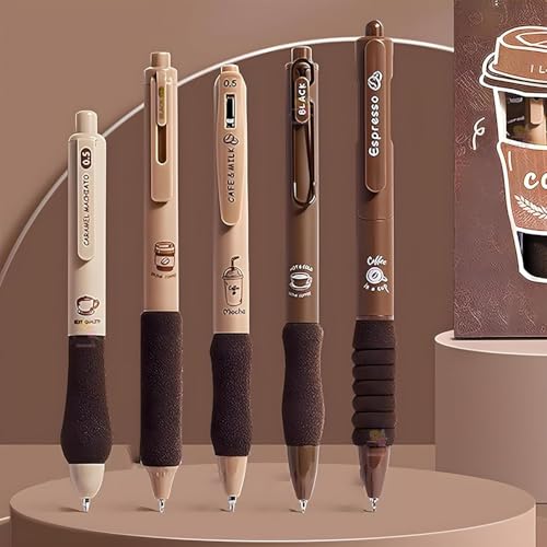 Image of Shuttle Art 5 Pcs Coffee Theme Pen Set 0.5mm Blue Ink Retractable Pens with Soft Rubber Grip | Fine Point Smooth Writing Pens for Journaling, School, Office & Stationery Lovers