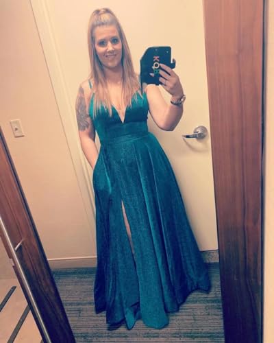 Image of Women's Glittery Spaghetti V-Neck Prom Dresses Long A Line Bridesmaid Dresses Side Split Formal Evening Gowns Grass Green,US12, 12