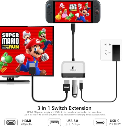Image of RREAKA Switch Dock Replacement for Nintendo Switch 1&2, 4K@60Hz HDMI TV Adapter, Portable Travel Docking Station with USB 3.0 Port & 100W PD Charging
