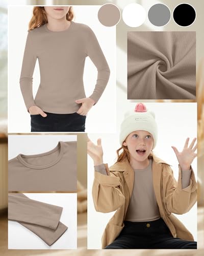 Image of 4 Pack Girls Long Sleeve Shirts Ribbed Knit Cotton Crewneck Tops Slim Fit Soft Casual Kids Base Layer Undershirts