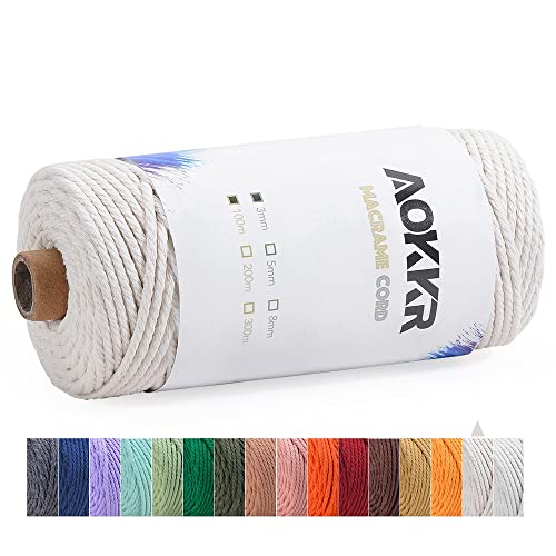 AOKKR Macrame Cuerda, Hilo Macrame 3mm x 100m Cordel Algodon Natural Suave de 4 Hilos, Macramé Pared, Macrame Cortinas, Macramé Colgador de Plantas, Decoración Bohemia Colores, Natural/Beige