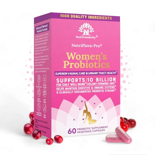 Image of Nutricelebrity NutriFlora-Pro Probiotics for Women - Support Vaginal, Urinary Health (UTI), Digestive System, Period Pain, Yeast, and BV Relief, Cranberry Pills, 10 Billion CFU 6 Strains (60 Caps)
