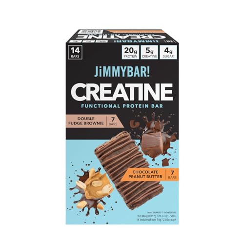 JiMMYBAR! Creatine Protein Bar Variety Pack, Chocolate Peanut Butter & Fudge Brownie, 20g Protein, 5g Creatine Per Bar, Ready-to-Eat Snack Food Bar, 14 Bars