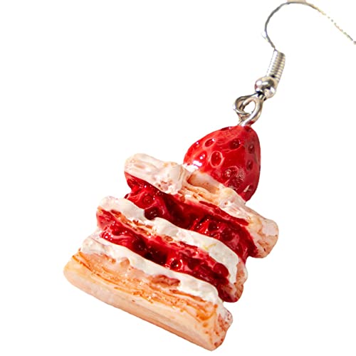 Boucles d'oreilles en forme de gâteau aux fraises – Boucles d'oreilles pendantes en résine faites à la main pour filles, bijoux de nourriture sucrée, cadeau d'anniversaire et de fête parfait, Medium