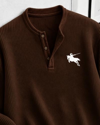 Buy AUSK Men's Waffle Texture Henley T-Shirt | Full Sleeve Solid T Shirt with Button Neck Details | Regular Fit Casual Wear Tshirt for Mens Brown at Amazon.in - Image 6