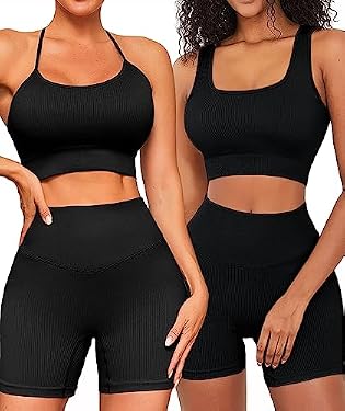 AMAZON - FINETOO Workout Outfits Sets for Women 4 piece Seamless Backless Tank Sport Bra High Waist Short Yoga Gym Matching Active Set