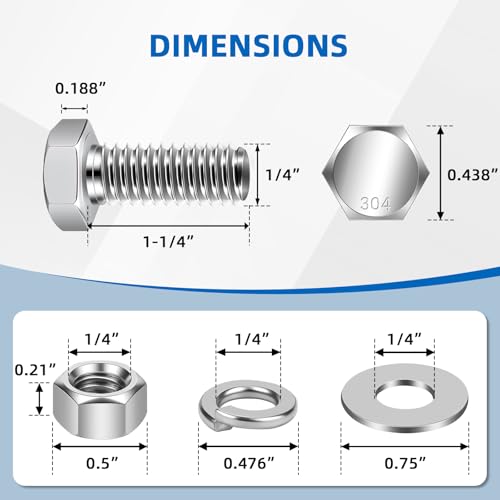 Image of Mellewell 1 /4-20 x 1-1 /4 inch Hex Head Bolts with Hex Nuts and Thick Flat & Lock Washers, Fully Threaded, Stainless Steel 18-8, Plain Finish, 10 Sets