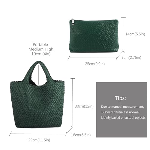 Image of Women's Vegan Leather Tote Bag - Handmade Woven Beach Bag, Travel Handbag with Purse & Top Handle Hobo Tote(Dark Green)