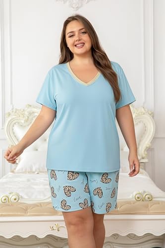 Image of Vozanet Women's Short Sleeve Top and Shorts Pajama Sets Plus Size V Neck Colorful Flower Nighty Loungewear With TWO Pockets
