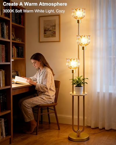 Image of Lightdot Glass Floor Lamp for Living Room 3-Lights Modern Gold Floor Lamp with Amber Glass Shade 3000K Bulbs Included Unique Tall Standing Lamp with 5Lb Heavy Base for Bedroom /Sofa Beside /Corner Decor