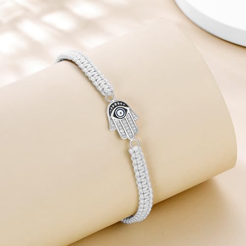 J.Endéar Hand of Fatima Bracelet for Women 925 Sterling Silver, Handmade Braided Lucky String Bracelet Grey Cord Adjustable, Hamsa Jewelry Protection Amulet Gift2