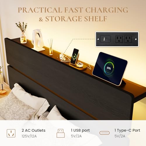Image of SHA CERLIN Full Size Bed Frame, Led Light, Charging Station, Storage Shelf | Wooden Headboard, Heavy Duty Slats Support, Metal Platform Bed, Under Bed Storage, No Box Spring Needed, Noise Free, Black