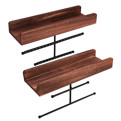 EMVANV Wall Mounted Jewelry Organizer Hanging Jewelry Holder, Wood Jewelry Rack with Tray, Jewelry Rack Bracelet for Displaying Earring Ring Necklace Bracelet,Gift for Women(Brown+Black)