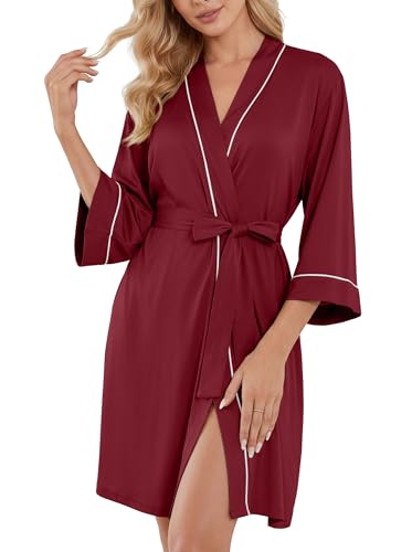 Image of PrinStory Womens Robe Knee Length Soft Knit Bathrobe S-2XL | V-Neck 3 /4 Sleeve Robes with Pockets, Lightweight, Breathable Bath Robe for Shower, Spa, Travel, Home, Party, Nursing