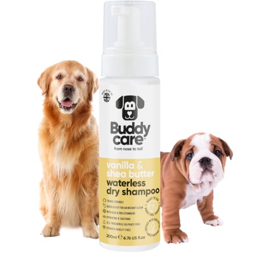 Champú seco sin Agua Buddycare para Perros (200 ml) | Champú sin aclarado de Vainilla y Manteca de karité para Piel Sensible