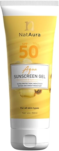 NatAura Aqua Sunscreen Gel SPF 50 | Lightweight, Non-Greasy Sunscreen with Broad Spectrum UVA/UVB Protection | Hydrating, ...
