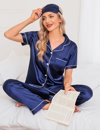 Image of SWOMOG Women Satin Pajamas Set Short Sleeve Top & Pants Sleepwear Silky Button Down Nightwear 2pcs Loungewear Pjs Set
