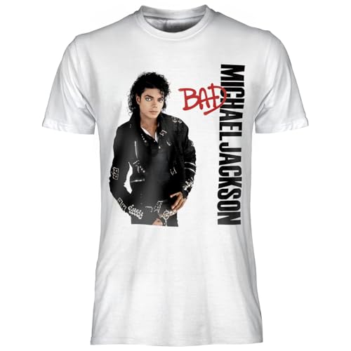 CRAZY FOR ROCK Michael Jackson T-shirt officiel Bad. T-shirt unisexe en coton. Coupe classique pour adulte et garçon, Blanc, X-Small