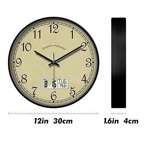 Digital Retro Classic Analog Wall Clock Silent Battery Operated With Date Digital Clocks With Temperature Day Time Week Large Display Clock Decorative For Living Room Kitchen Office Bathroom 12 Inch #TOP5