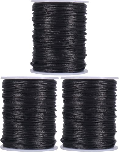 Image of Tenn Well Nylon Satin Cord, 295 Feet 2mm Black Silky Rattail Cord Necklace String for Jewelry Making, Bracelets, Necklaces, Lanyards, Keychains, Beading (Pack of 3)