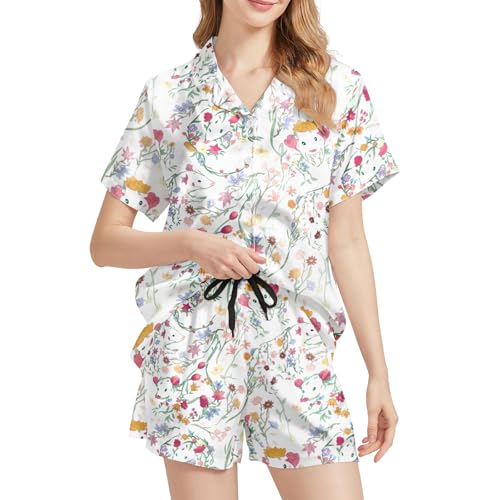 Image of Silk Satin Pajama Set for Women Summer Lounge Pjs Sets 2 Piece Suit Ladies Button Down Tops And Shorts Sleepwear