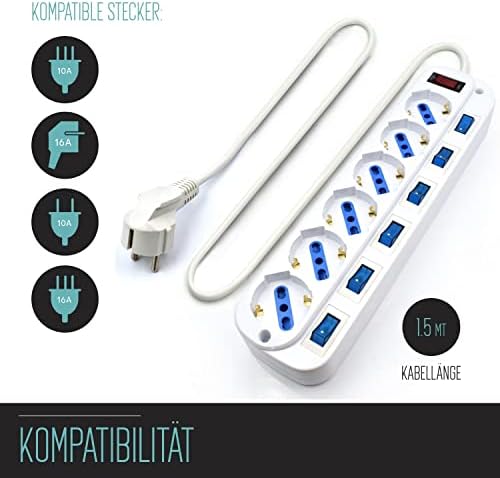 Ewent EW3932 6-fach Steckdosenleiste mit beleuchteten Schaltern pro Buchse 1,5m Kabel