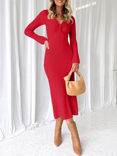 Image of RAISECOM Women Sweater Dress Long Sleeve V Neck Knit Bodycon Midi Dress