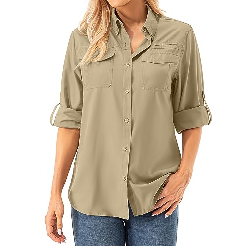 Camisas de safari para mujer, protección solar UPF 50+, manga larga, secado rápido, para pesca, senderismo, jardinería, Caqui, Large