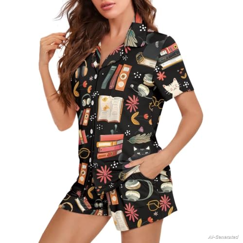 Image of Renewold Women's Short Sleeve Pajama Set Button Down Sleepwear with Notch Collar Soft Lounge Top and Shorts with Pockets