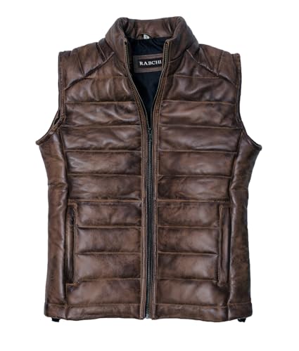 Mens Brown Quilted Lambskin Leather Vest With Removable Hood - Men Sleeveless Casual Style Motorcycle Puffer Jacket