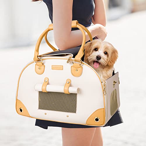 Dog Carrier Cat Carrier Pet Carrier Foldable Premium PU Leather Dog Purse Portable Tote Bag Carrier for Small to Medium Cats and Small DogsCreamy White Small