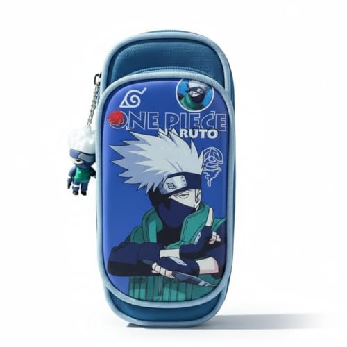 Image of KiddiBox One Piece Anime Pencil Case, Blue Double Zipper Stationery Pouch with Character Charm, School Supply with Keychain, Pencil Box for Boys and Girls, Best Gift