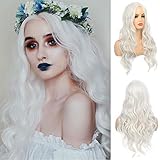 Women Long Curly Wavy White Wigs Synthetic Heat Resistant Halloween Costume Cosplay Hair Wig with Wig Cap