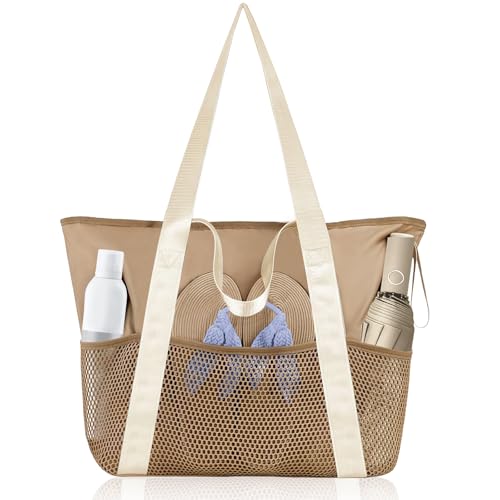flintronic Large Beach Tote Bag, Waterproof Mesh Beach Bag, Pool Bag with Zip and Pockets for Swimming Pool, Holiday, Travel, Gym, Shopping (Khaki)